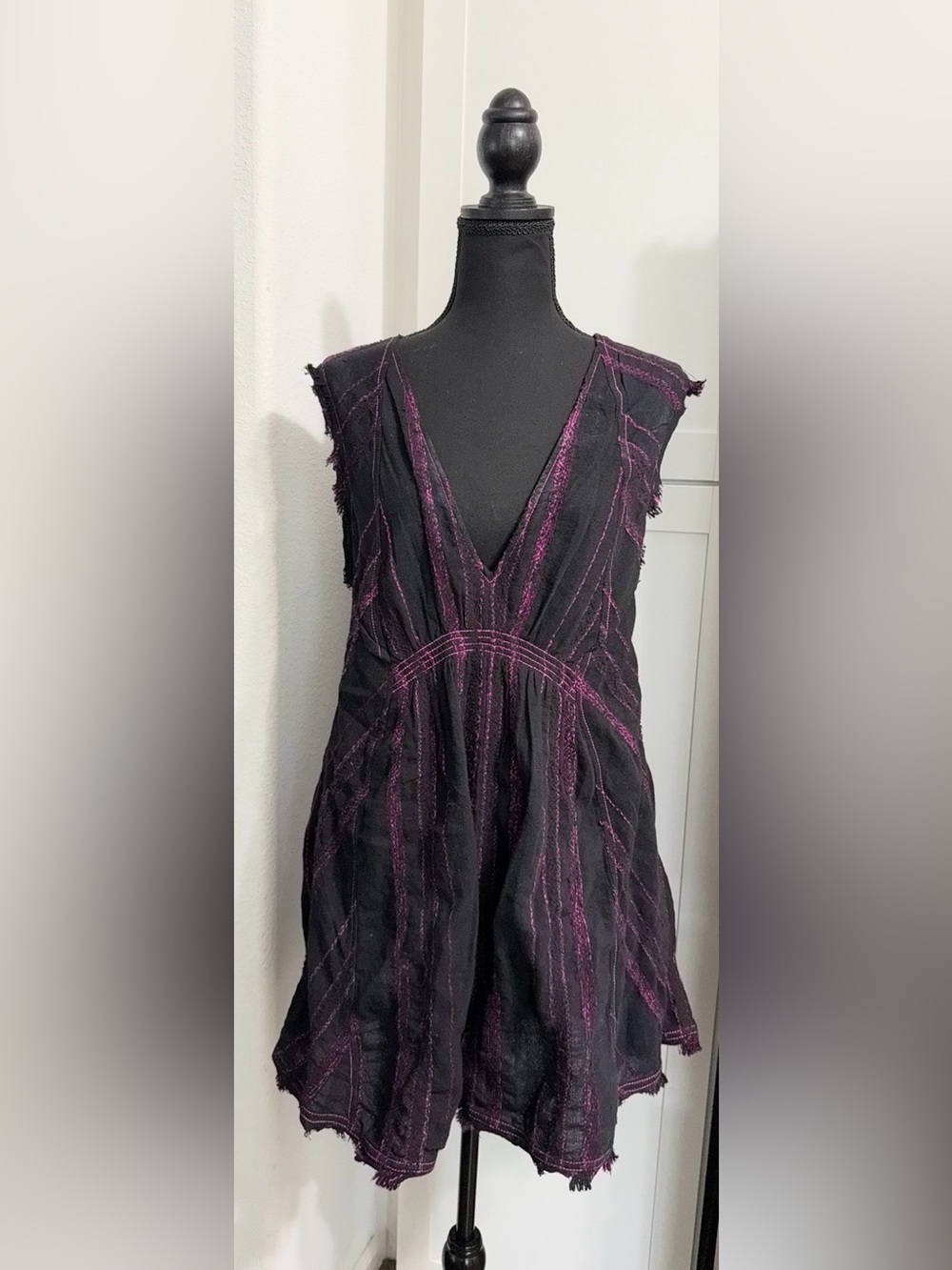 Free People Black Mini Dress with Purple Stitching